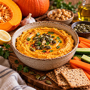 Domaći hummus od bundeve i slanutka s maslinovim uljem, bučinim sjemenkama i svježim povrćem